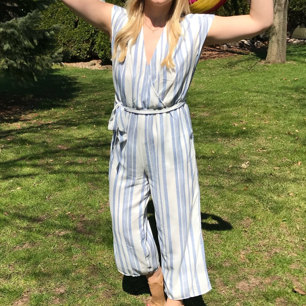 White and blue striped jumpsuit
